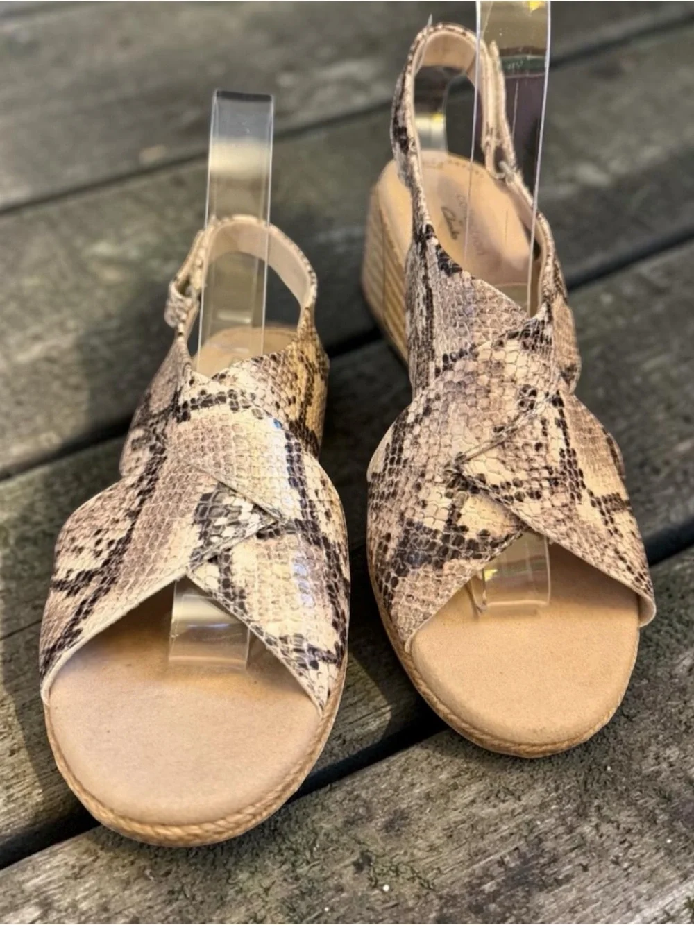 Clarks Lafley Aliane Wedge Taupe & Black Snake Print Veg Leather Sandal Sz 9 1/2